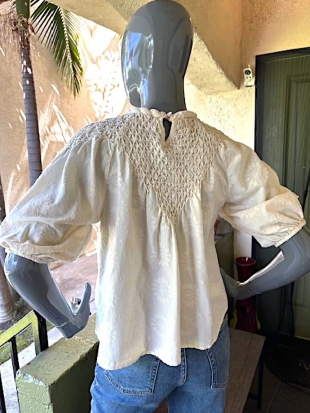 $249 CHRISTY DAWN Organic Cotton Flower Jacquard Top w/ Smocking Det.EUC/sz XS